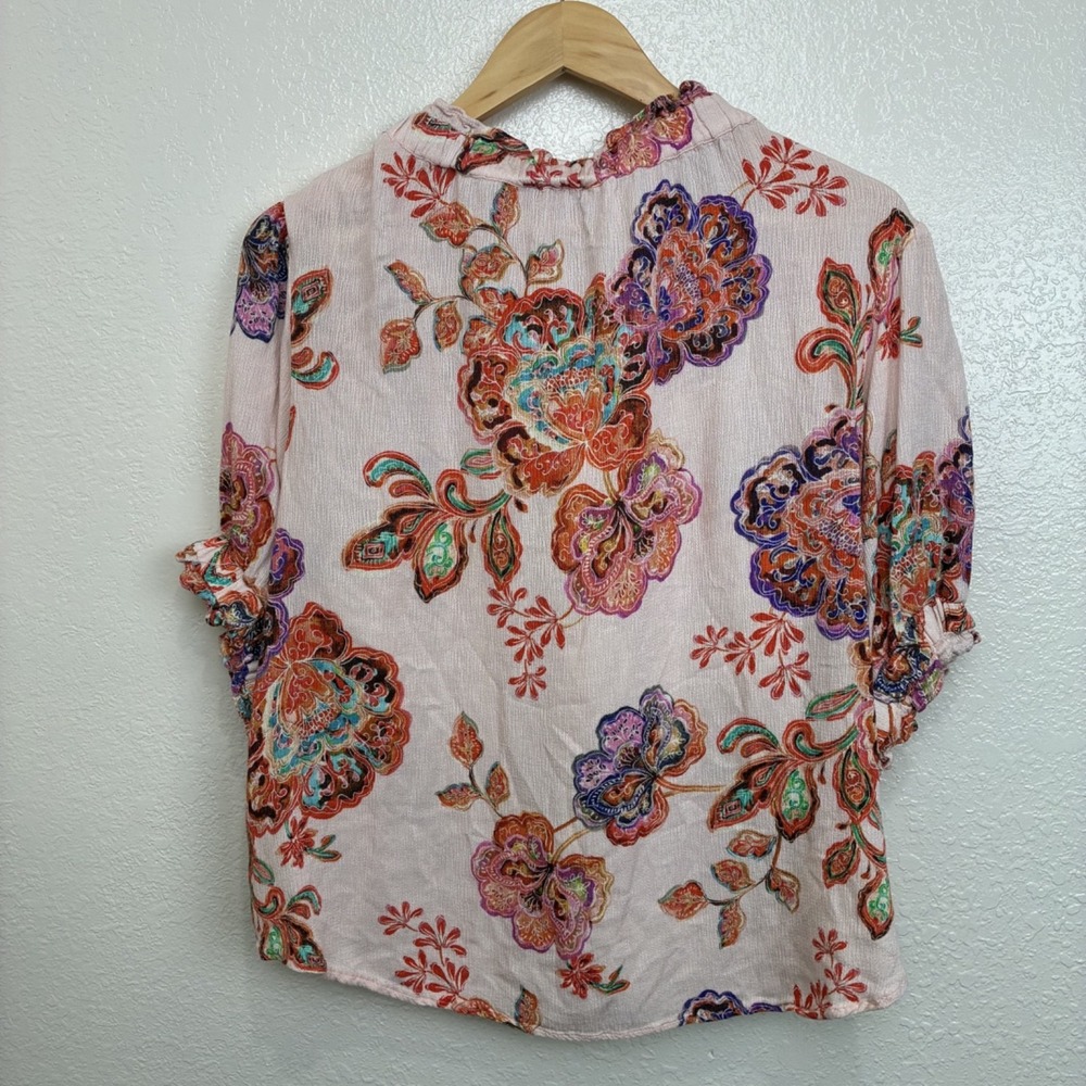Democracy Blouse Soft Flow Puff Sleeve Y2K Hipster Button Ruched Collar Ruffle L - Picture 2 of 4